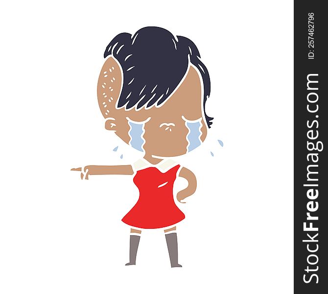 Flat Color Style Cartoon Crying Girl Pointing