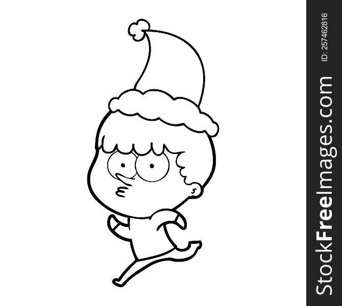 Line Drawing Of A Curious Boy Running Wearing Santa Hat