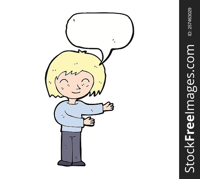 cartoon woman gestureing welcome with speech bubble