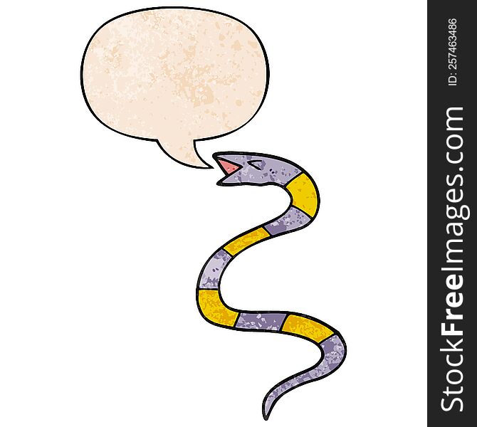 hissing cartoon snake with speech bubble in retro texture style