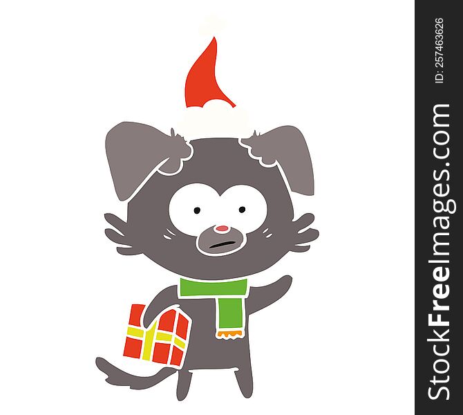 nervous dog hand drawn flat color illustration of a with gift wearing santa hat