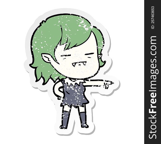 distressed sticker of a cartoon undead vampire girl pointing