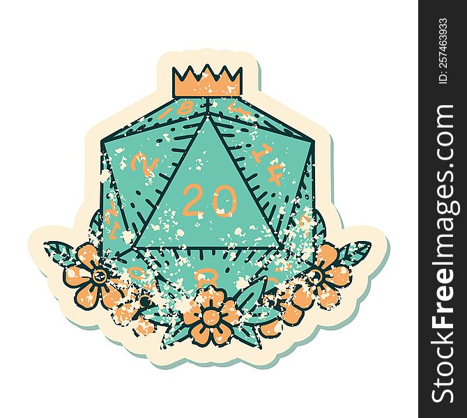 grunge sticker of a natural 20 D20 dice roll with floral elements. grunge sticker of a natural 20 D20 dice roll with floral elements