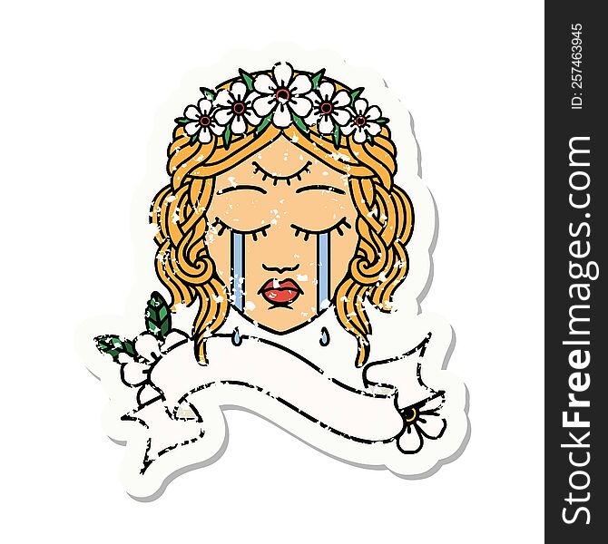Grunge Sticker With Banner Of Female Face Crying With Third Eye