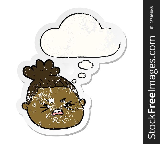 Cartoon Female Face And Thought Bubble As A Distressed Worn Sticker
