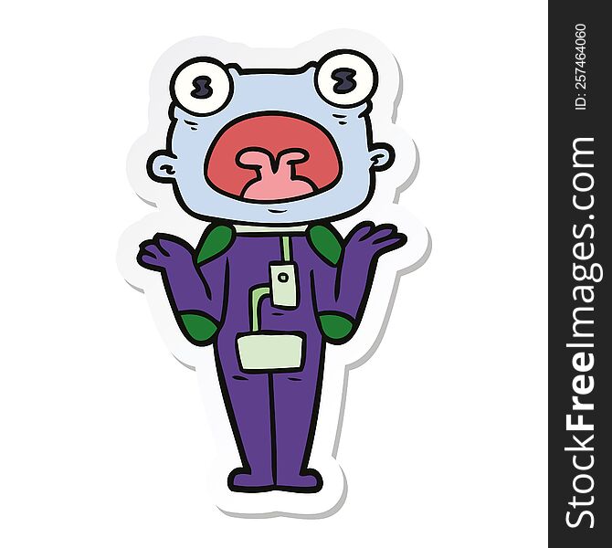 sticker of a cartoon weird alien shrugging shoulders