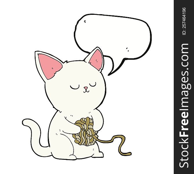 cartoon cat playing with ball of yarn with speech bubble