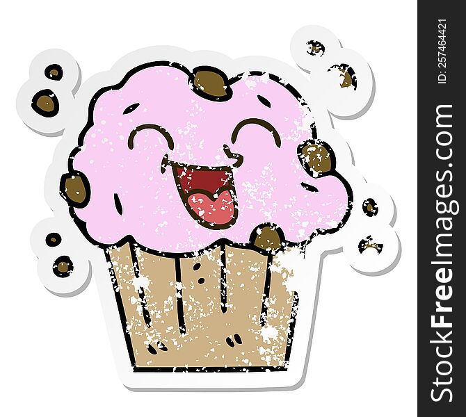 Distressed Sticker Of A Quirky Hand Drawn Cartoon Happy Muffin