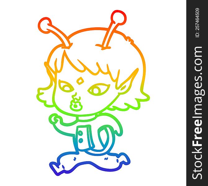Rainbow Gradient Line Drawing Pretty Cartoon Alien Girl Running