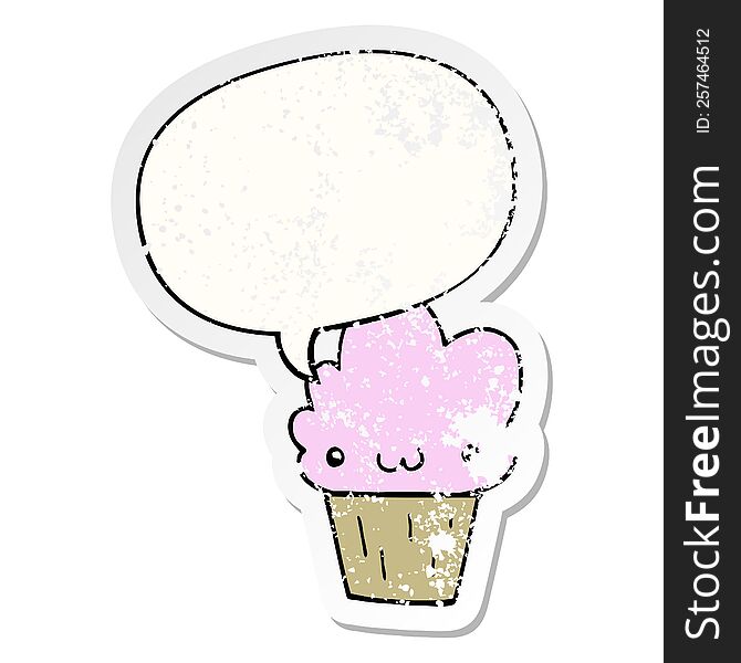 cartoon cupcake with face with speech bubble distressed distressed old sticker. cartoon cupcake with face with speech bubble distressed distressed old sticker