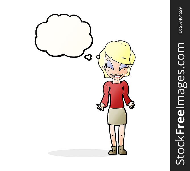 Cartoon Happy Woman Shrugging Shoulders With Thought Bubble