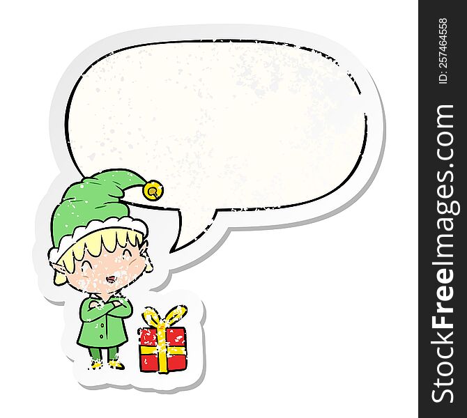 Cartoon Happy Christmas Elf And Speech Bubble Distressed Sticker