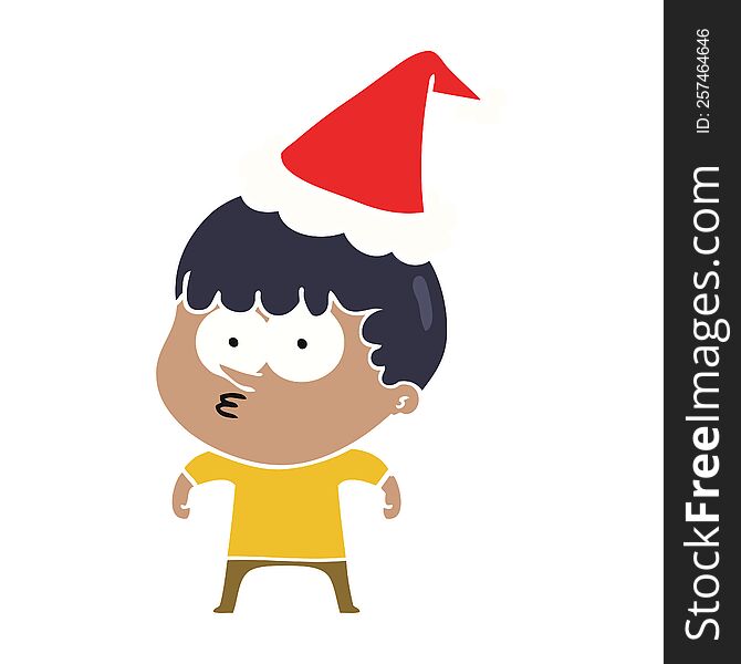 hand drawn flat color illustration of a curious boy wearing santa hat
