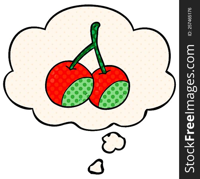 Cartoon Cherries And Thought Bubble In Comic Book Style