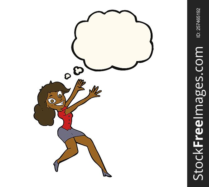 cartoon happy woman jumping with thought bubble