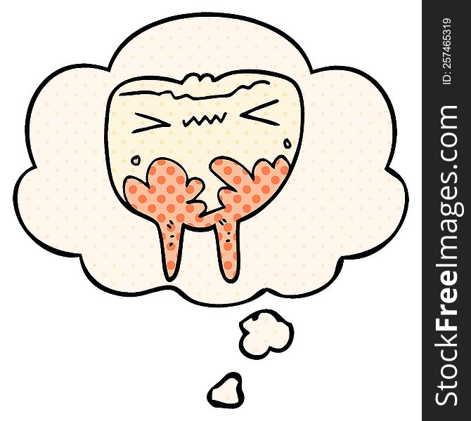 cartoon bad tooth with thought bubble in comic book style