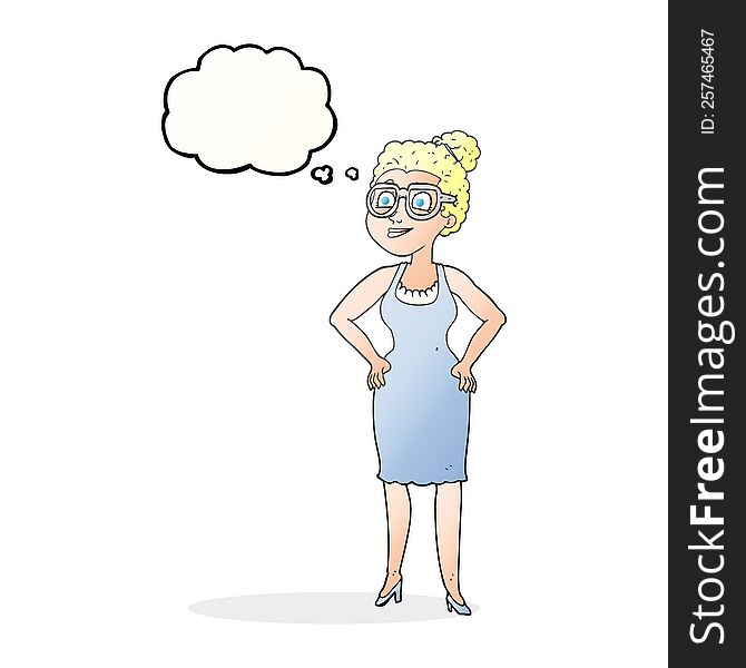freehand drawn thought bubble cartoon woman wearing glasses