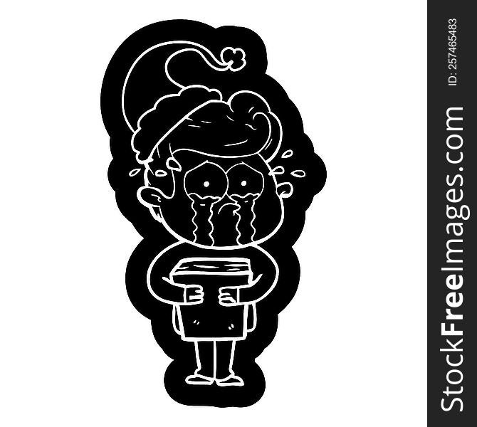 Cartoon Icon Of A Crying Man Holding Book Wearing Santa Hat