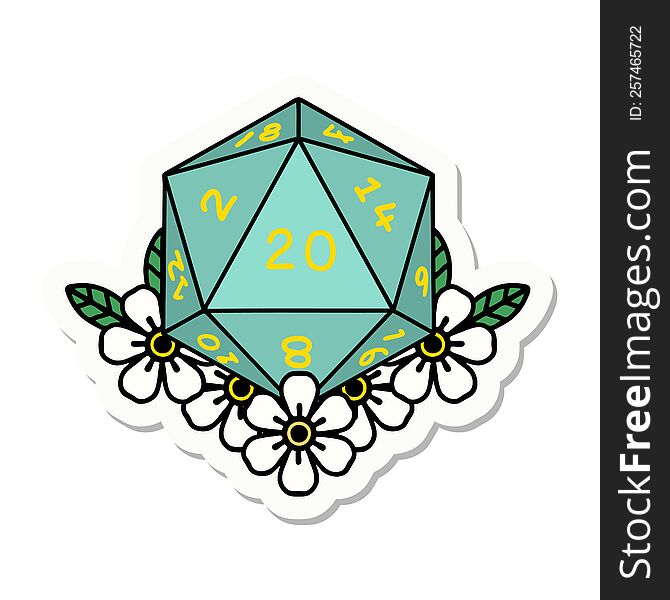 sticker of a natural 20 D20 dice roll with floral elements. sticker of a natural 20 D20 dice roll with floral elements