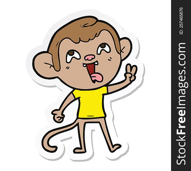 sticker of a crazy cartoon monkey giving peace sign