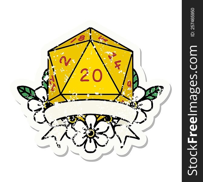 grunge sticker of a natural 20 critical hit D20 dice roll. grunge sticker of a natural 20 critical hit D20 dice roll