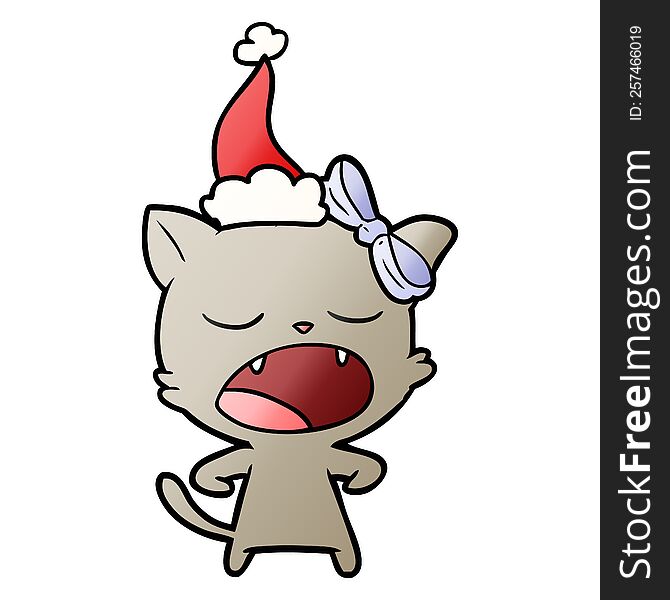 hand drawn gradient cartoon of a yawning cat wearing santa hat