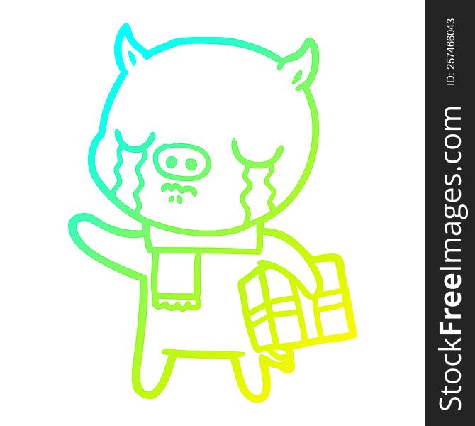 Cold Gradient Line Drawing Cartoon Pig Crying Over Christmas Present