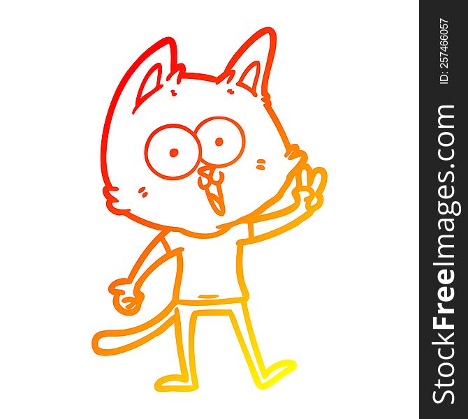 warm gradient line drawing of a funny cartoon cat giving peace sign