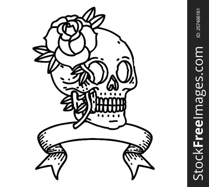 traditional black linework tattoo with banner of a skull and rose