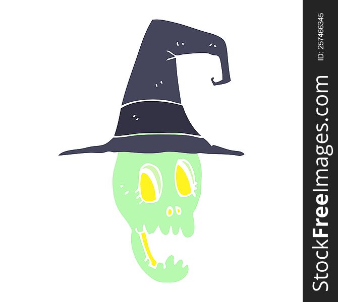 Flat Color Illustration Of A Cartoon Skull Wearing Witch Hat