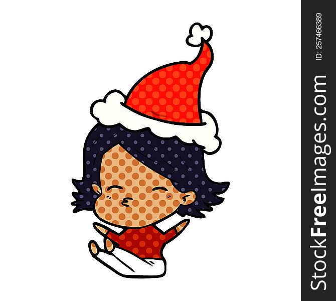 Comic Book Style Illustration Of A Woman Sitting Wearing Santa Hat