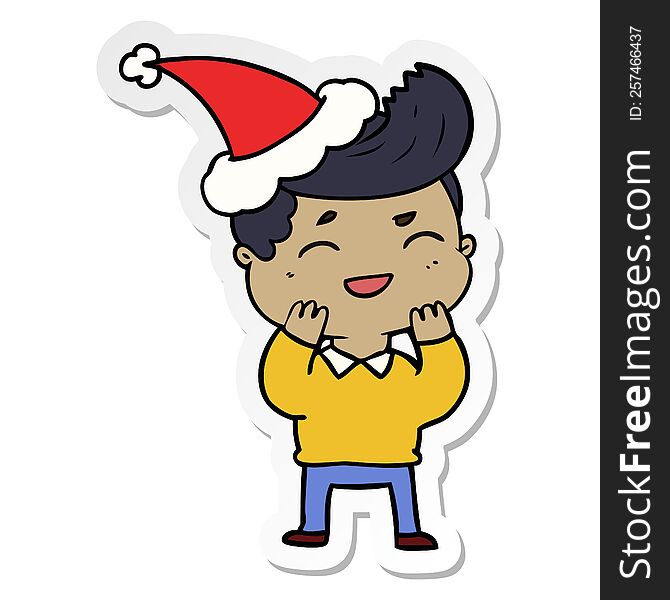 Sticker Cartoon Of A Man Laughing Wearing Santa Hat