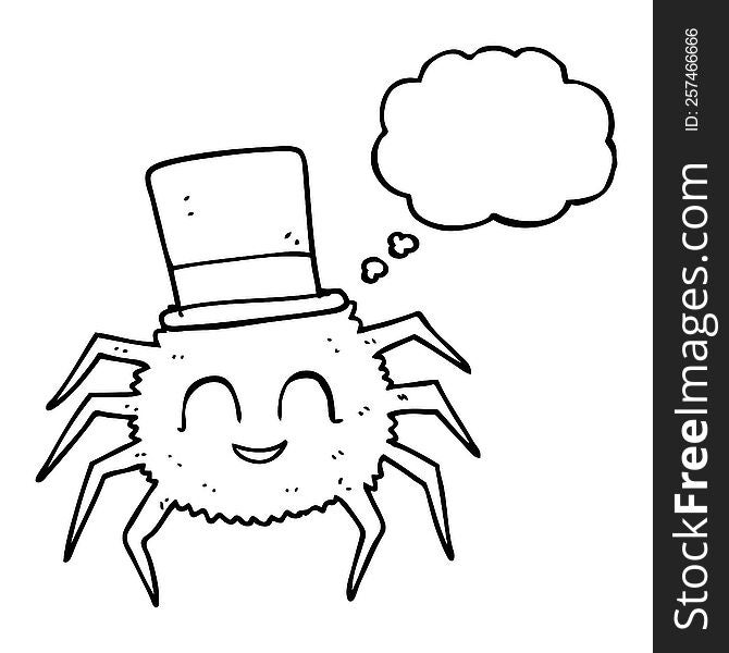freehand drawn thought bubble cartoon spider wearing top hat