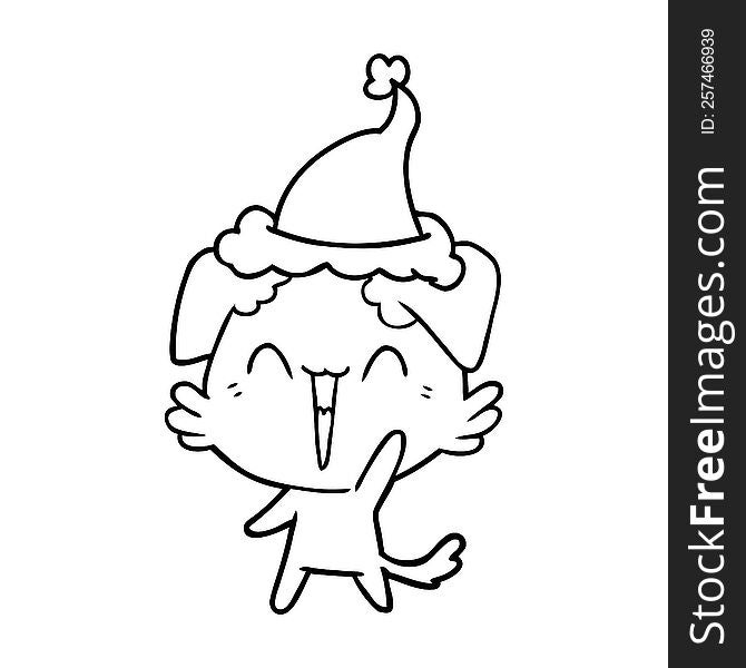 happy little dog hand drawn line drawing of a wearing santa hat. happy little dog hand drawn line drawing of a wearing santa hat
