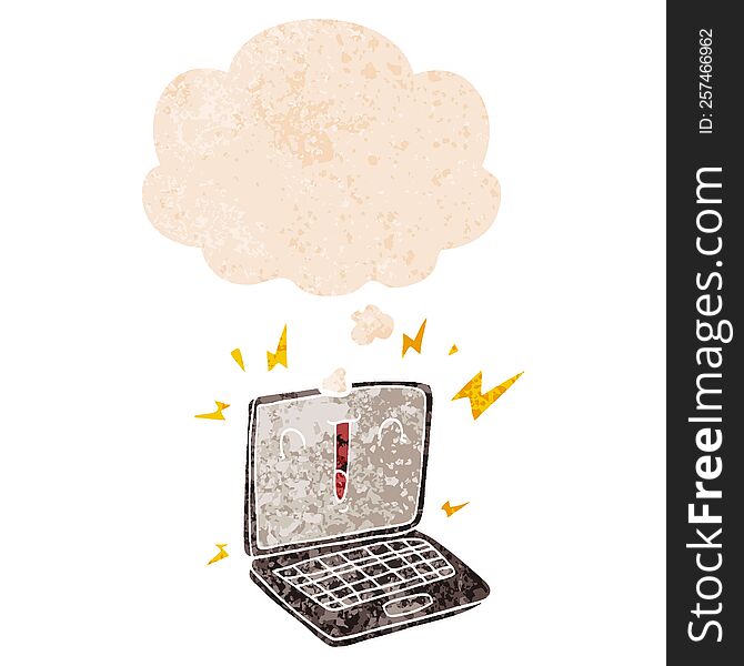 Cartoon Laptop Computer And Thought Bubble In Retro Textured Style