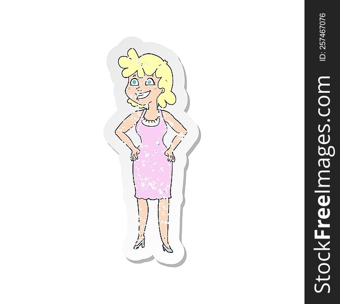 retro distressed sticker of a cartoon happy woman wearing dress