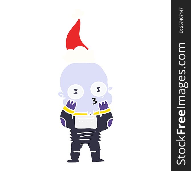 hand drawn flat color illustration of a weird bald spaceman wearing santa hat