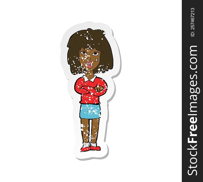 retro distressed sticker of a cartoon tough woman with folded arms
