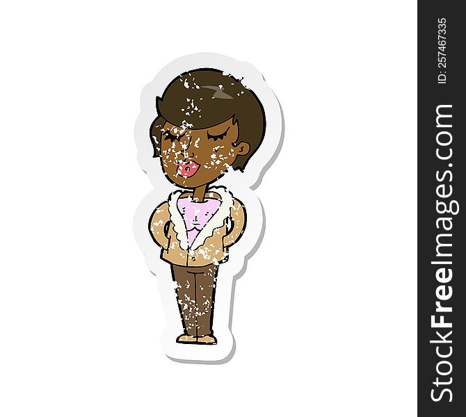 retro distressed sticker of a cartoon cool relaxed woman
