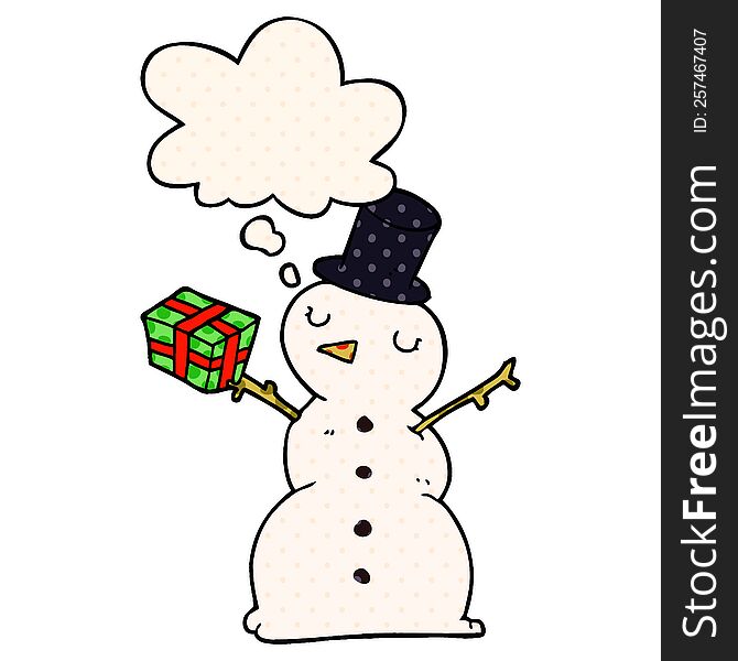 cartoon snowman with thought bubble in comic book style