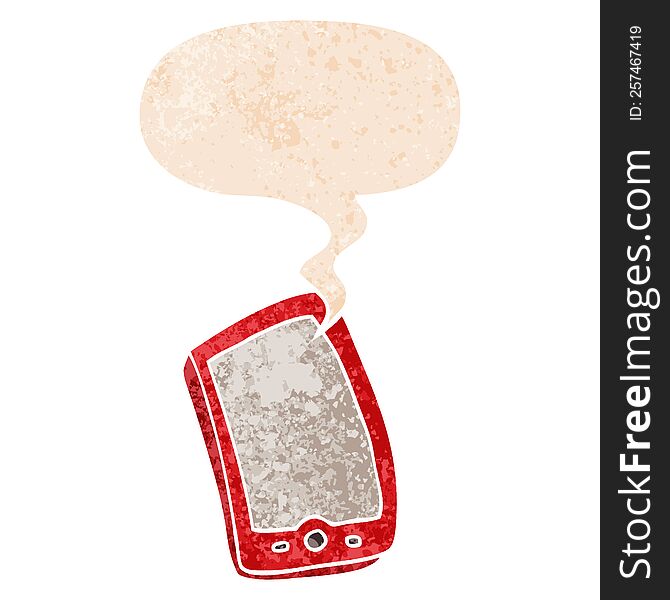 cartoon mobile phone with speech bubble in grunge distressed retro textured style. cartoon mobile phone with speech bubble in grunge distressed retro textured style