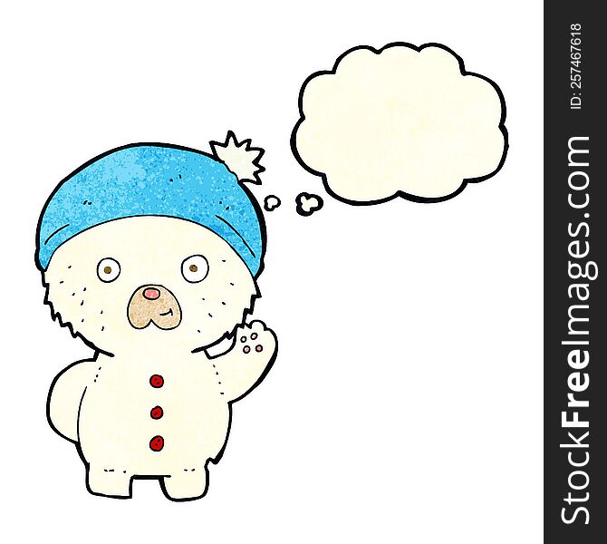 cartoon waving polar teddy bear in winter hat with thought bubble