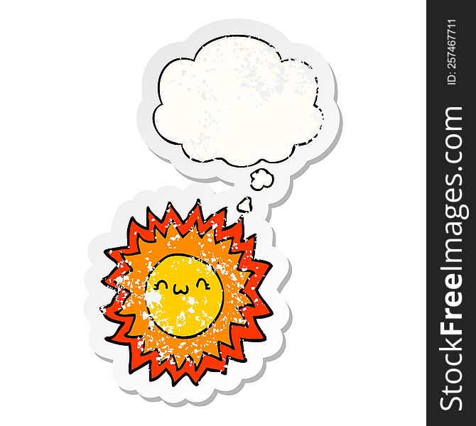 cartoon sun with thought bubble as a distressed worn sticker