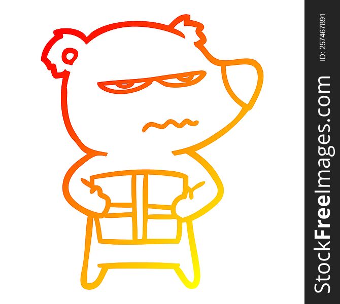 Warm Gradient Line Drawing Angry Bear Cartoon Holding Present