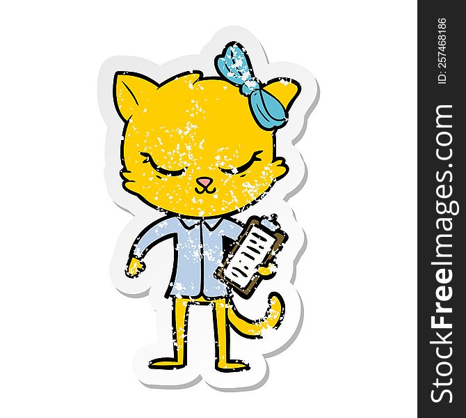 distressed sticker of a cute cartoon business cat with bow