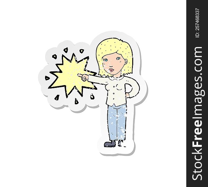 Retro Distressed Sticker Of A Cartoon Woman Accusing