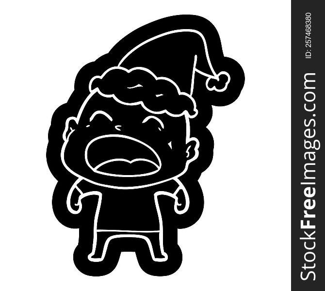 quirky cartoon icon of a shouting bald man wearing santa hat