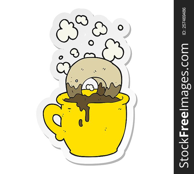 sticker of a cartoon donut dunked in coffee