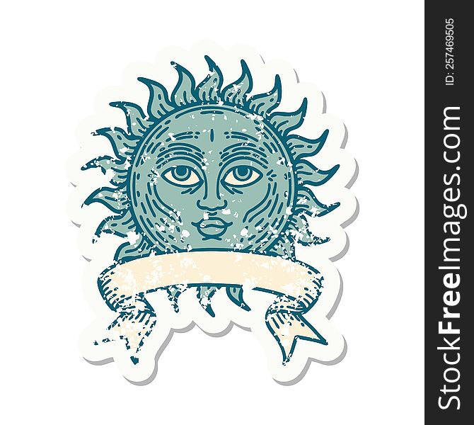 Grunge Sticker With Banner Of A Sun With Face