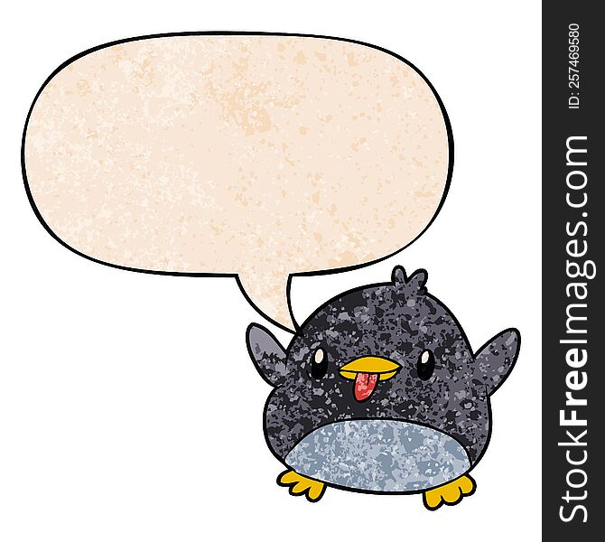 Cute Cartoon Penguin And Speech Bubble In Retro Texture Style